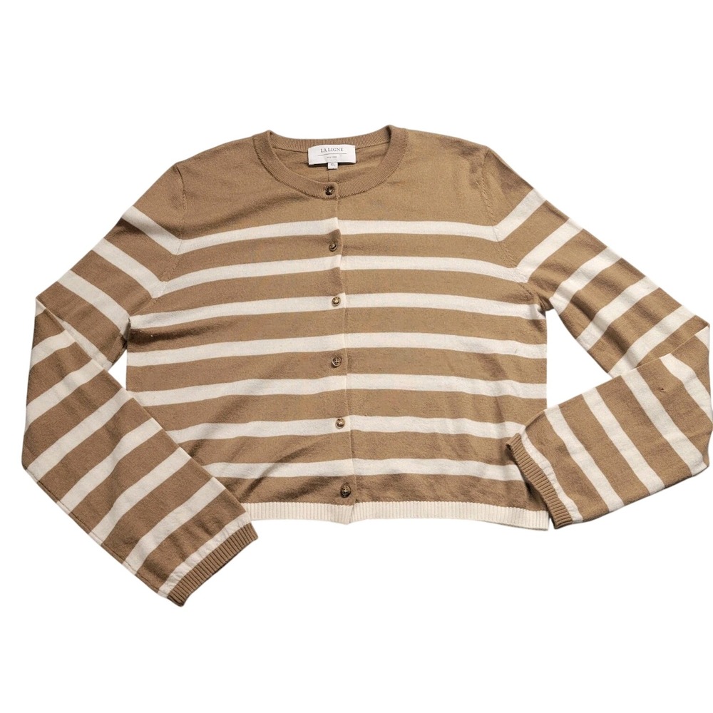La Ligne New York Striped Cardigan Sweater Tan Cream XL Button Front Crew Neck